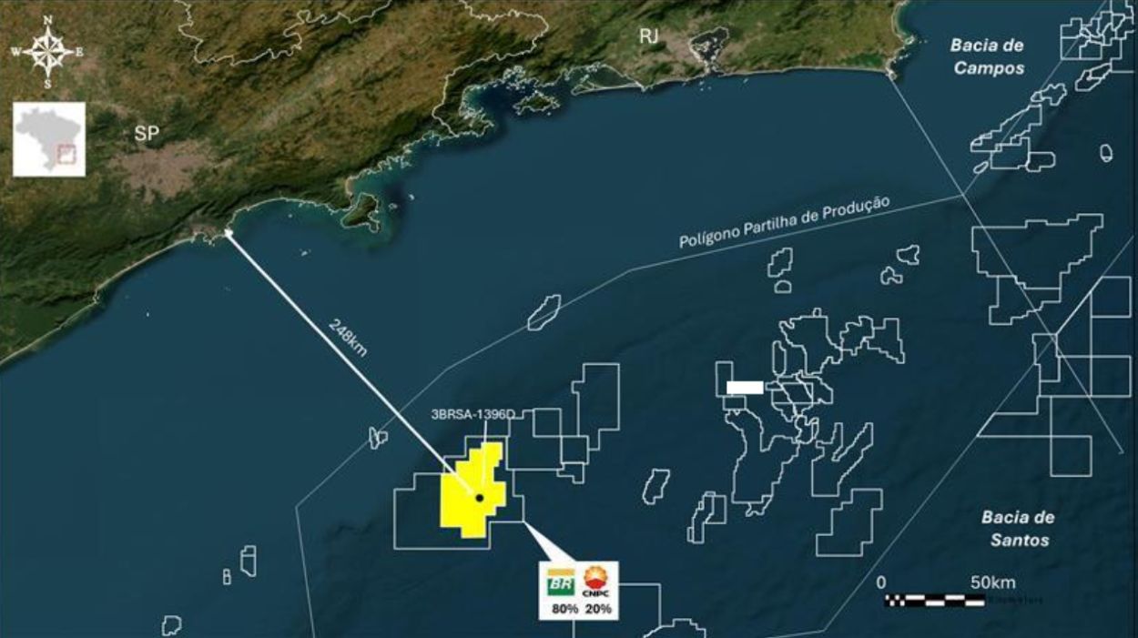 Mapa da localização da presença de petróleo na Bacia de Santos